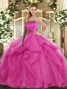 Simple Sleeveless Tulle Floor Length Lace Up Sweet 16 Dresses in Hot Pink with Ruffles