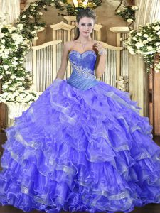 Modern Blue Organza Lace Up 15 Quinceanera Dress Sleeveless Floor Length Beading and Ruffled Layers