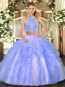 Lavender Two Pieces Strapless Sleeveless Tulle Floor Length Criss Cross Beading and Ruffled Layers 15th Birthday Dress