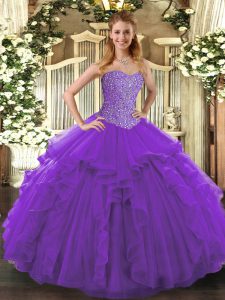 Hot Selling Floor Length Purple Quinceanera Gowns Sweetheart Sleeveless Lace Up