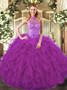Halter Top Sleeveless Organza 15th Birthday Dress Beading and Ruffles Lace Up