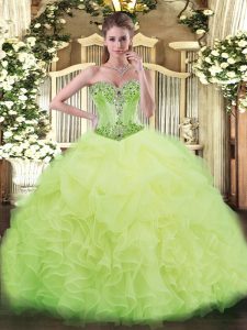 Low Price Sleeveless Organza Lace Up Quinceanera Gown in Yellow Green with Beading and Ruffles