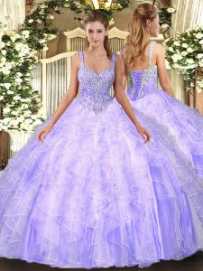 Deluxe Lavender Sleeveless Tulle Lace Up Vestidos de Quinceanera for Military Ball and Sweet 16 and Quinceanera