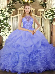 On Sale Beading and Ruffles and Pick Ups Ball Gown Prom Dress Blue Lace Up Sleeveless Floor Length