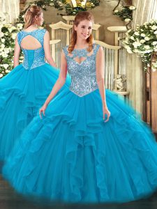 Dynamic Blue Tulle Lace Up Sweet 16 Dress Sleeveless Floor Length Beading and Ruffles