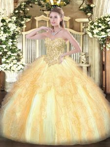 Popular Sleeveless Organza Floor Length Lace Up Sweet 16 Dress in Champagne with Appliques and Ruffles