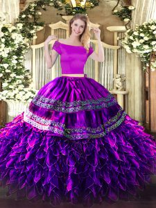 Free and Easy Eggplant Purple Short Sleeves Floor Length Embroidery and Ruffles Zipper Sweet 16 Dress