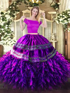 Free and Easy Eggplant Purple Short Sleeves Floor Length Embroidery and Ruffles Zipper Sweet 16 Dress