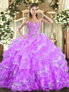 Floor Length Lilac Sweet 16 Dresses Organza Sleeveless Embroidery and Ruffled Layers