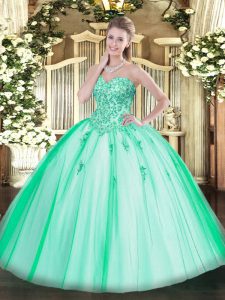 Turquoise Ball Gowns Appliques Quinceanera Dresses Lace Up Tulle Sleeveless Floor Length