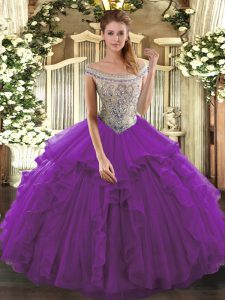 Off The Shoulder Sleeveless Tulle Sweet 16 Dresses Beading and Ruffles Lace Up