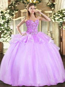 Lilac Sleeveless Organza Lace Up Quince Ball Gowns for Military Ball and Sweet 16 and Quinceanera