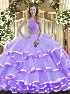 Fantastic Lavender Quinceanera Dress Military Ball and Sweet 16 and Quinceanera with Beading and Ruffled Layers High-neck Sleeveless Lace Up
