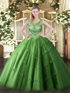 Luxurious Green Ball Gowns Tulle Scoop Sleeveless Beading and Appliques Floor Length Lace Up Sweet 16 Dress