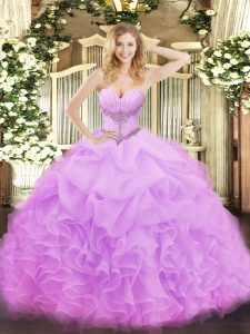 Sleeveless Organza Floor Length Lace Up 15th Birthday Dress in Lilac with Beading and Ruffles and Pick Ups