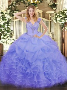Lavender Organza Lace Up V-neck Sleeveless Floor Length Sweet 16 Quinceanera Dress Ruffles