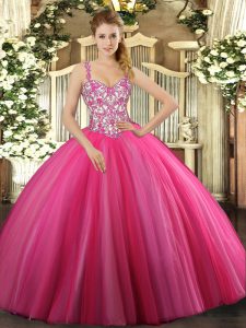Tulle Straps Sleeveless Lace Up Beading 15 Quinceanera Dress in Hot Pink