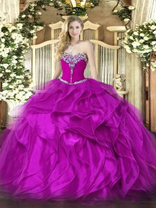 Admirable Fuchsia Sweetheart Neckline Beading and Ruffles Sweet 16 Dresses Sleeveless Lace Up