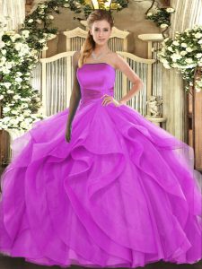 Fantastic Strapless Sleeveless Lace Up Vestidos de Quinceanera Fuchsia Tulle