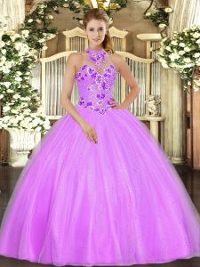 Nice Ball Gowns Sweet 16 Quinceanera Dress Lilac Halter Top Tulle Sleeveless Floor Length Lace Up