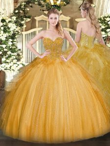 Floor Length Gold Quinceanera Gown Sweetheart Sleeveless Lace Up