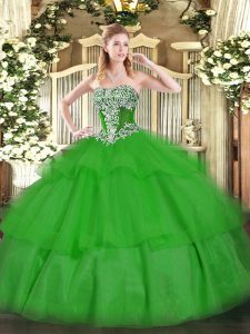 Green Sleeveless Floor Length Beading and Ruffled Layers Lace Up Quince Ball Gowns