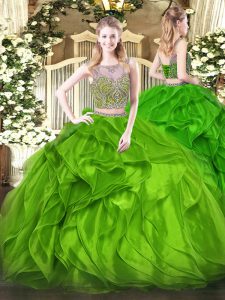 Simple Green Organza Lace Up Quince Ball Gowns Sleeveless Floor Length Beading and Ruffles