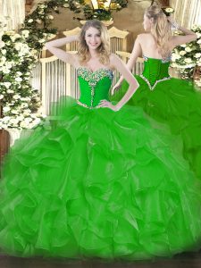 Flirting Green Organza Lace Up 15th Birthday Dress Sleeveless Floor Length Beading and Ruffles