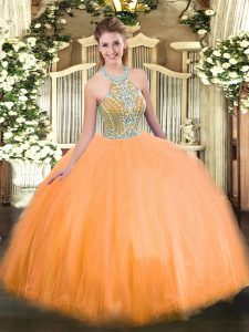Clearance Floor Length Orange Ball Gown Prom Dress Halter Top Sleeveless Lace Up