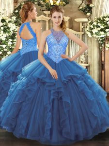 Sweet Sleeveless Organza Floor Length Lace Up Ball Gown Prom Dress in Blue with Beading and Ruffles