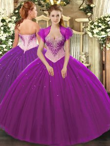 Sweetheart Sleeveless Lace Up Quince Ball Gowns Eggplant Purple Tulle
