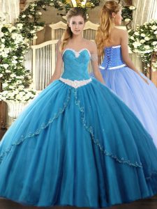 Elegant Appliques Quinceanera Dress Baby Blue Lace Up Sleeveless Brush Train