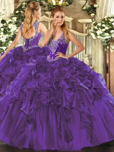 Purple Organza Lace Up Straps Sleeveless Floor Length Quinceanera Gowns Beading and Ruffles