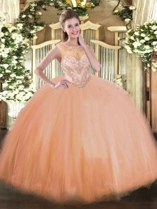 Peach Sleeveless Tulle Lace Up Ball Gown Prom Dress for Sweet 16 and Quinceanera