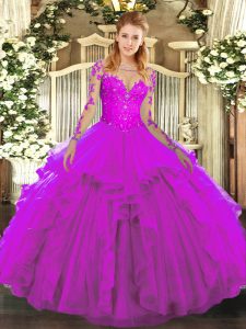 Shining Fuchsia Ball Gowns Tulle Scoop Long Sleeves Lace and Ruffles Floor Length Lace Up Quinceanera Gown