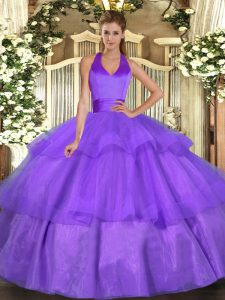 Nice Lavender Vestidos de Quinceanera Military Ball and Sweet 16 and Quinceanera with Ruffled Layers Halter Top Sleeveless Lace Up