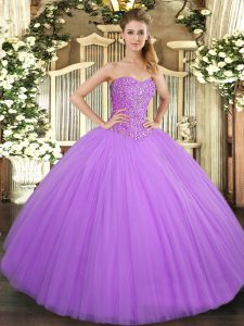 Fancy Lilac Ball Gowns Tulle Sweetheart Sleeveless Beading Floor Length Lace Up Ball Gown Prom Dress