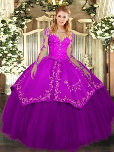 Scoop Long Sleeves 15th Birthday Dress Floor Length Lace and Embroidery Purple Organza and Taffeta