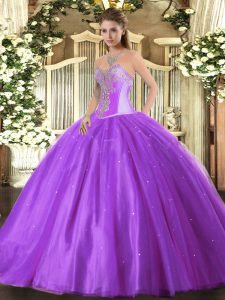 Eye-catching Lavender Ball Gowns Sweetheart Sleeveless Tulle Floor Length Lace Up Beading Quinceanera Dresses