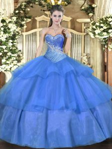 Decent Blue Lace Up Quinceanera Gowns Beading and Ruffled Layers Sleeveless Floor Length