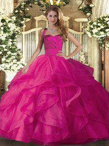 Exceptional Sleeveless Tulle Floor Length Lace Up Quince Ball Gowns in Hot Pink with Ruffles