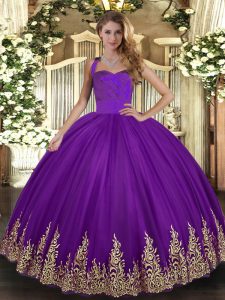 Elegant Purple Tulle Lace Up Halter Top Sleeveless Floor Length Sweet 16 Dress Appliques