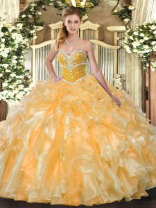 Orange Sweetheart Lace Up Beading and Ruffles Quinceanera Gown Sleeveless