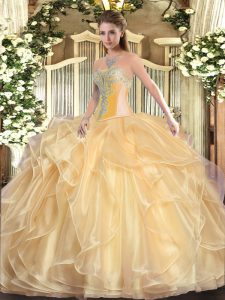 Beading and Ruffles Quinceanera Dresses Champagne Lace Up Sleeveless Floor Length