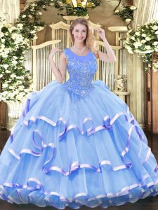 Sleeveless Organza Floor Length Zipper 15 Quinceanera Dress in Baby Blue with Beading and Ruffled Layers