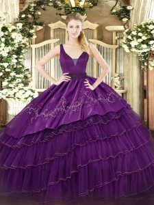 Simple Floor Length Ball Gowns Sleeveless Purple Quinceanera Gown Zipper