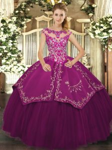 Hot Sale Satin and Tulle Scoop Cap Sleeves Lace Up Beading and Embroidery Sweet 16 Dresses in Purple