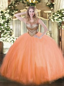 New Style Orange Red Tulle Lace Up Scoop Sleeveless Floor Length Ball Gown Prom Dress Beading