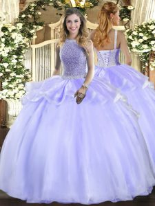 Lavender Ball Gowns Square Sleeveless Organza Floor Length Lace Up Beading Quinceanera Gowns