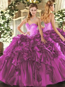 Fuchsia Sleeveless Beading and Ruffles Floor Length Vestidos de Quinceanera